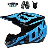 ESASAM Fox Motocross-Helme, Crosshelm,MotorradHelme,Set mit Brille (4 Stück),ABS-Schale, Sicherheitsnorm ECE 22.05 (Blau Schwarz, M)