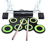 Elektronisches Schlagzeug, Drum Set, BONROB Roll Up Schlagzeug Midi Drum Kit mit Kopfhörer und eingebaute Lautsprecher Drum Pedals und Sticks, bis zu 10St. Weihnachtsgeschenk für Kinder