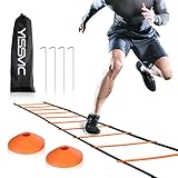 Yissvic Sport Trainingsleiter Dauerhafte Koordinationsleiter Fussball Leiter 6m mit Erdnägel Tragetasche und 10 Sportkegeln Orange
