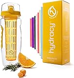 Hydracy Trinkflasche für Fruchtschorlen 1L - Sport Wasserflasche Bpa Frei mit Zeitmarke und Langem Infuser - Detox Sportflasche + 27 Köstlichen Rezepten Aufgegossenes Wasser eBook Geschenk - Gelb