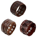 OIDEA Herren Leder Armband Set (3PCS), Punk Rock Stil 3.5cm-4.1cm Breite Groß geflochtene handgefertigt Manschette Kordelkette Druckknopf Armreifen, Legierung, braun Silber (Braun Set)