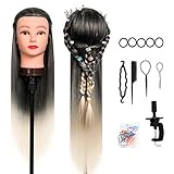 Trainingsköpfe 100% von dem Hochtemperaturfaser Haar Hairdressing Cosmetology Mannequin Frisierkopf Übungskopf mit Halterung+ DIY Haar Zubehör styling (Ombre Black)