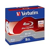 VERBATIM BD-RE Single Layer Blu-ray Rohlinge 25 GB I Blu-ray-Disc mit 2-facher Schreibgeschwindigkeit I mit Kratzschutz I 5er-Pack Jewel Case I Blu-ray-Disks für Video- und Audiodateien