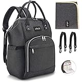 Viedouce Baby Wickelrucksack Wickeltasche Babytasche,Wasserdicht Oxford Große Kapazität für ausgehen,Multifunktional zum Rucksack mit 1 Stück Wickelauflage und 2 Kinderwagengurten (dunkelgrau)