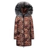 FIRMON-Coat Damen Mantel mit Kapuze und Leopardenmuster, lang, Kunstfellkragen, gefüttert, dick, Oberbekleidung Gr. XXL, Black-b