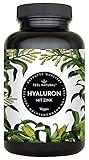 Hyaluronsäure Kapseln mit Zink - 500mg Hyaluron je Kapsel - 90 Stück (3 Monate). Hyaluron 500-700 kDa. Vegan, hochdosiert