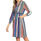 Damen Freizeit kleider，Langarm Loose Kleid blusenkleid Gestreiftes schmales Kleid mit V-Ausschnitt Beiläufiger Streifen-langer Hülsen-V-Ansatz Gurt loses Kleid S-5XL