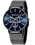 MEGALITH Herren Uhr Männer Wasserdicht Schwarz Sport Edelstahl Mesh Dünne Armbanduhren Klassische Elegant Datum Kalender Analog Quarz Kleid Blau Herrenuhr