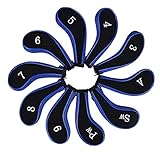 mamimamih SW GOLF 10 langer Hals Eisen Kunstleder Durable Reißverschluss Head Covers Black & Blau Passform alle Marken Titleist, Callaway, Ping, Taylormade, Cobra, Nike, etc..