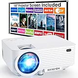 HOMPOW Mini Beamer, Tragbarer Video Beamer mit 6000 Lumen, Full HD 1080P Unterstützung, Integrierte Dual Lautsprecher, Kompatibel Mit TV Stick/ HDMI/ VGA/ USB/ TV Box/ Laptop/ DVD/ PS4, Weiß