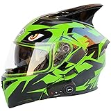 Flip-up Bluetooth Modular Motorrad Helmets, Integrierter Klapphelm Motorradhelm mit Doppel Sonnenvisier, DOT Genehmigt, Grünes Auge,L