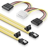 deleyCON SATA Kabel Set 2X 0,5m S-ATA 3 Kabel + 4Pin zu 2X SATA Stromadapter - HDD SSD Datenkabel mit Clip - 1x Stecker Gerade zu 1x Stecker 90° Grad Winkel