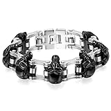 JewelryWe Schmuck Herren Armband, Edelstahl, Gotik Totenkopf Schädel Fahrradkette Biker Link, Schwarz Silber