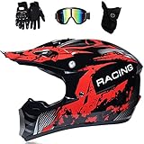 LEENP Motocross-Helm Herren Cross-Helm Motorradhelm Sets mit Brille/Maske/Handschuhe, Motorrad Sports Quad Motorräder DH Enduro-Off-Road-Helm für Männer Damen, Schwarz,S