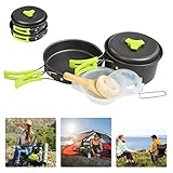 Camping Kochgeschirr Set 2-3 Personen Camping-Kochtopf Set aus Edelstah 11-TLG Kochausrüstung für Outdoor Wandern Picknick | FDA Genehmigte Topf & Pfanne aus Aluminium und Edelstahl | Faltbare