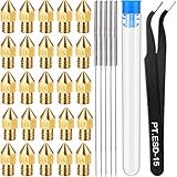 36 Stücke 3D Drucker Düsen Reinigung Kit inklusiv 30 Stücke 0,4 mm MK8 Extruder Düsen Messing Düsen Druckköpfe, 5 Stücke 0,4 mm Edelstahl Düsen Reinigungsnadeln und 1 Stück Pinzetten Kit