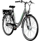 Zündapp E-Bike 700c Damenrad Pedelec 28 Zoll Z502 E Citybike Hollandrad Fahrrad (grau/grün ohne Korb)