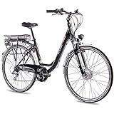 CHRISSON 28 Zoll E-Bike Trekking und City Bike für Damen - E-Lady schwarz mit 7 Gang Acera Kettenschaltung - Pedelec Damen mit Bafang Vorderradmotor 250W, 36V