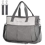 CANWAY Baby Wickeltasche Henkeltasche für Reise, Multifunktionale Windeltasche mit 1 Paar Kinderwagenhaken, Wasserdicht Babytasche für Mama und Papa Grau&Weiß M-Größe1