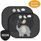 AceLife Auto Sonnenshutz Baby, Extra Dunkle Universeller Auto Sonnenblende 2 Stück mit UV Schutz, Selbsthaftende Sonnenblenden für Kinder, Autofenster Sonnenschutz + Tasche (Elefanten)