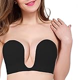 sumuya Klebe BH Damen Unsichtbar Rückenfreier BHS Push-up-Bügel-BH Silikon Selbstklebend Strapless Black D