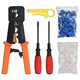 Proster 6 in 1 Rj45 Crimping Tool Cat5 Cat6 für RJ45/ RJ12 Regular- und End-Pass-Through-Steckverbinder mit 50PCS Anschlüsse, 50PCS Abdeckungen, Abisolierzange und Schraubendreher
