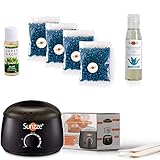 Sunzze Wachswärmer | 4 x400 Tüten an Film wax Wachsperlen aus Italien, 10 Holzspatel für das Wachs & After und Pre wax lotion | Schmerzfreies Waxing-Kit für Zuhause