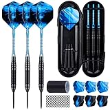 Sinwind Dartpfeile mit Metallspitze, 3 Stück 22 Gramm Profi Steeldarts, Steel Dartpfeile Set 3 Aluminium Schaft mit 9 Flights, 50 Anti-Lose Gummiringe und 1 Dart Tool Sharpener (Blau)