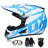 Super-ZS Motocross-Helm Mit Schutzbrille Handschuhe Gesichtsschutz Professionelles Rallye-Motorrad Hellblauer Fox-Helm Leichtes Und Waschbares Helmset Für Erwachsene