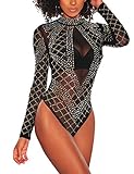 SEBOWEL Damen Sexy Strass Mesh Body Club Party Langarm Bodysuit Bluse Tops, #7 Black, M