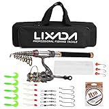 Lixada Angelrute Set Teleskop Angelrute Spinnrollen Angelträgertasche für das Reisefischen (Komplettes Kit, 2.1M)