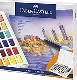 Faber-Castell 169748 - Aquarellfarben in Näpfchen, mit Mischpalette und Wassertankpinsel, 48er Etui, multi, 58