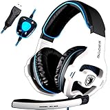 SADES SA903 7.1 Surround Sound Stereo Professionelle PC USB Gaming Headset Stirnband Kopfhörer Gaming mit Mikrophon, Tiefe Bässe, Over-The-Ear-Lautstärkeregler LED-Leuchten für PC Gamers (Weiß)