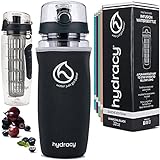 Hydracy Trinkflasche für Fruchtschorlen 1L -Sport Wasserflasche mit Zeitmarkier Langem Infuser und Isolierhülle -Detox Sportflasche +27 Köstlichen Rezepten Aufgegossenes Wasser eBook Geschenk -Schwarz