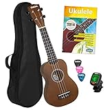 CASCHA Sopran Ukulele Set für Kinder und Erwachsene I Ukulele Starter Kit mit 3 Plektren Tasche Lehrbuch Lernvideos über QR-Code Stimmgerät I Set Aquila Saiten Nylon I Kleine Hawaii Gitarre Braun