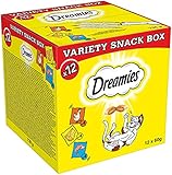 Dreamies Katzensnacks mit verschiedenen Geschmacksrichtungen – Huhn, Käse & Lachs – Außen knusprig & innen cremig – 12 x 60g