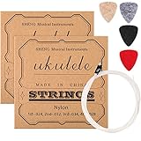 2 Sets von Nylon Ukulele Saiten mit 4 Filz Picks, Saiten sind Weiß, Picks sind Gelb, Grau, Schwarz, Rot