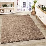 VIMODA Prime Shaggy Teppich Hochflor Langflor Teppiche Modern Einfarbig Nougat Hellbraun, Maße:60x100 cm